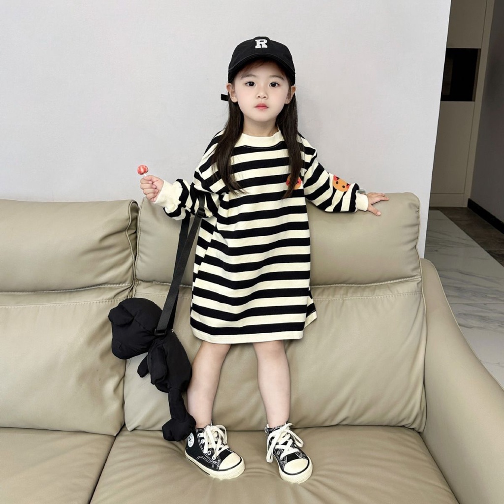 Đầm Thun Dài Vừa Vặn Tay Dài Họa Tiết Mặt Cười Kẻ Sọc Thời Trang Mùa Thu 2023 Phong Cách Mới Cho Bé Gái