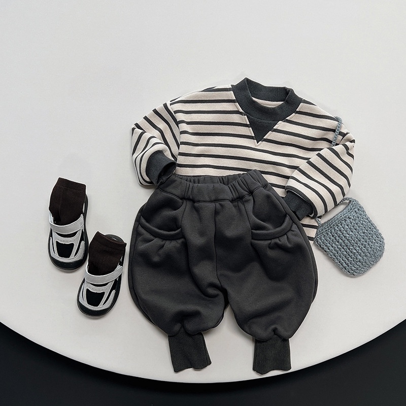 Áo sweater Lông Nhung Họa Tiết Kẻ Sọc one piece Phong Cách Hàn Quốc Thời Trang Mùa Đông Cho Bé Trai Và Gái