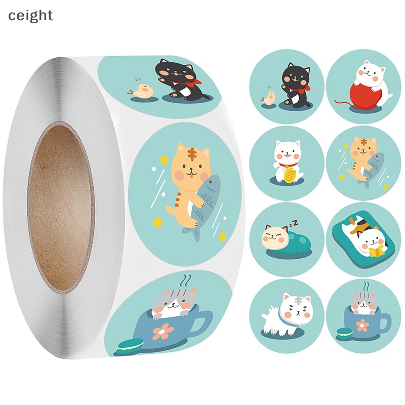 Set 500 Miếng Dán Tròn Họa Tiết Mèo Dễ Thương Trang Trí Thiệp