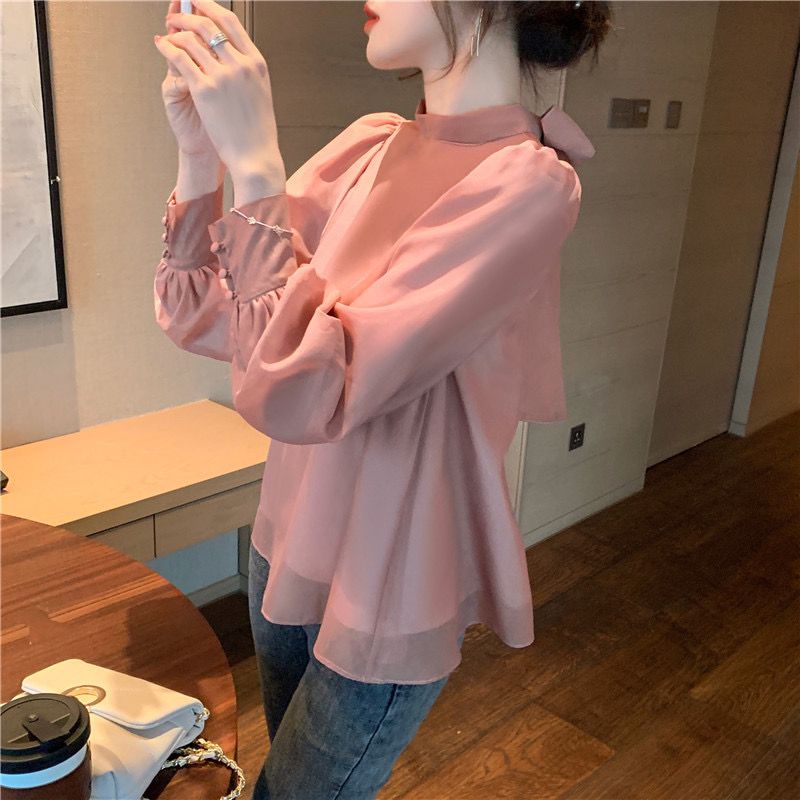 Áo Sơ Mi Voan Tay Phồng Phối Nơ Xinh Xắn Dành Cho Nữ