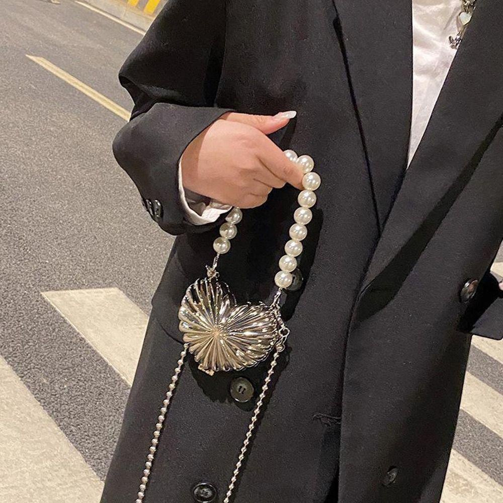 Túi vỏ mini ssunshine, túi đeo chéo hình trái tim bằng kim loại, ví tiền xu chuỗi sáng tạo cho nữ