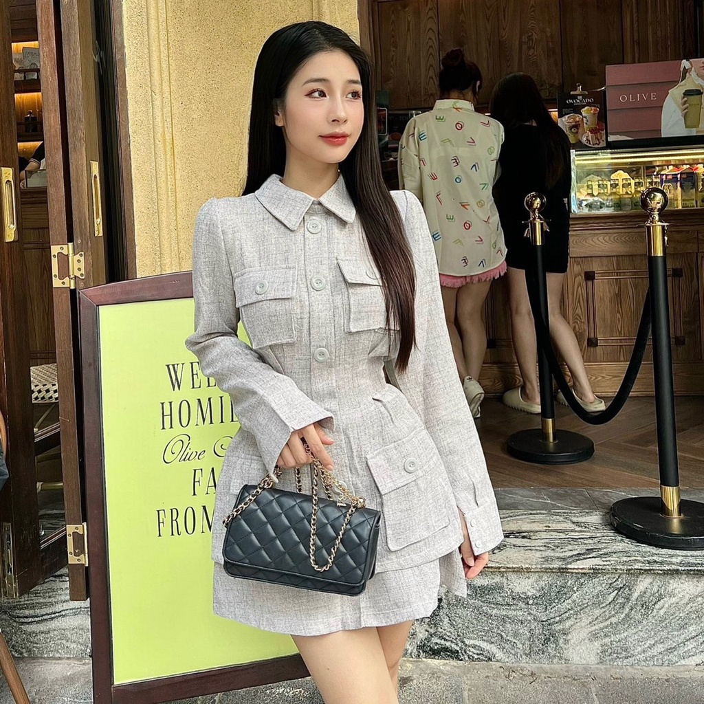 Sét tiểu thư sơ mi tay dài phối túi hộp sang chảnh kèm chân váy