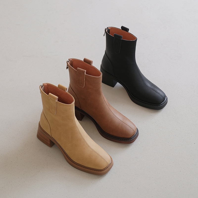 Duooya hair ~  Giày Bốt martin Da Mềm Gót Dày Ngắn Mũi Vuông Phối Khóa Kéo Phía Sau Xe Máy Miễn Phí Vận Chuyển