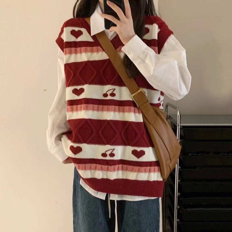 Bộ Áo sweater Dệt Kim Sát Nách Họa Tiết cherry Ngọt Ngào Xinh Xắn Cho Nữ