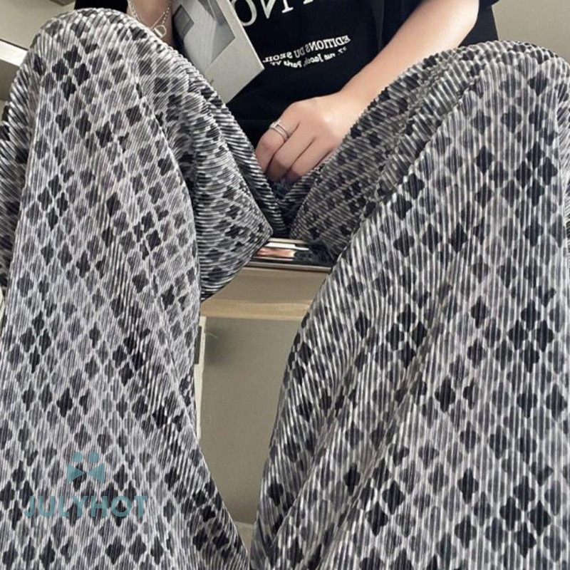 Quần Ống Rộng Lưng Cao Xếp Ly Bằng Lụa Lạnh Hình Kim Cương Thông Thường Cho Nữ vn