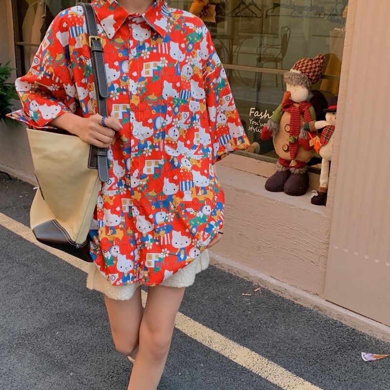 Cinnamoroll Áo Sơ Mi Tay Ngắn Dáng Rộng In Họa Tiết Mèo Thời Trang Mùa Hè Xinh Xắn Cho Nữ