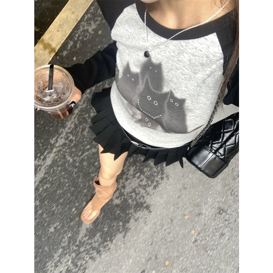 Áo Thun Tay Dài Dáng Ôm In Hình Mèo raglan Màu Sắc Tương Phản Thời Trang Mùa Thu Cho Nữ