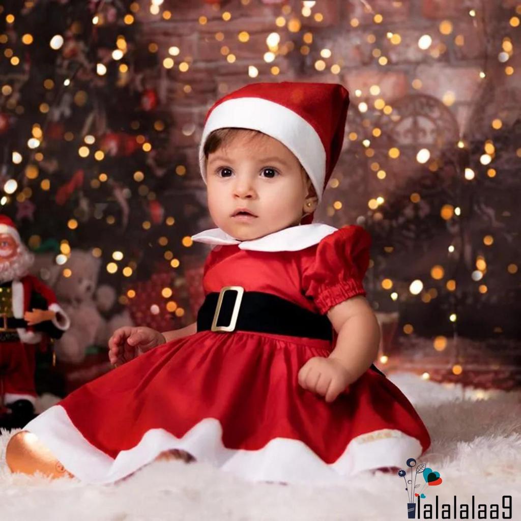 La-hộ Đầm Chữ a Tay Ngắn Cổ Búp Bê Màu Đỏ Kèm Thắt Lưng Và Mũ Giáng Sinh Cho Bé Gái