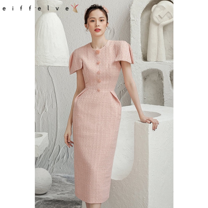 【S-L】Đầm Dài Ôm Eo Vải Tweed Màu Hồng Nhạt Nhẹ Nhàng Thanh Lịch Dành Cho Bạn Nữ 1081