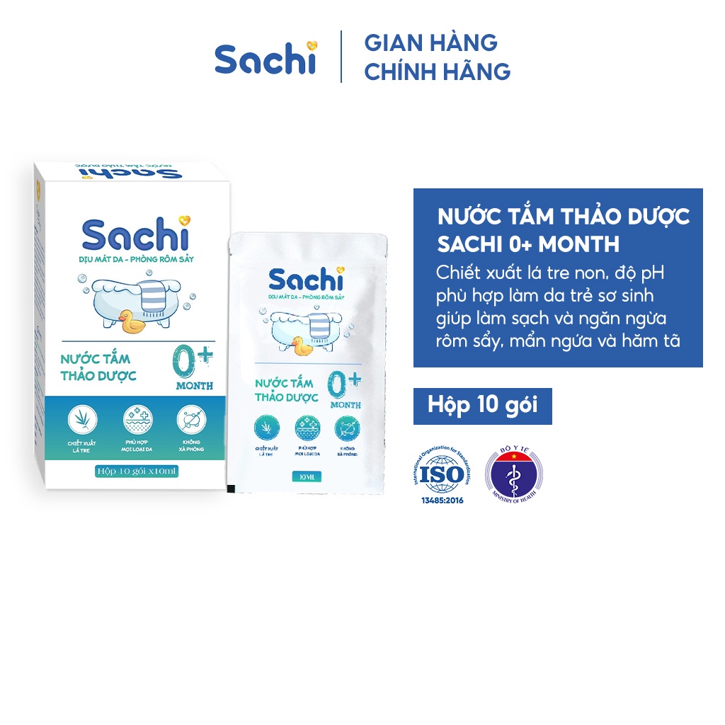 Nước Tắm Thảo Dược An Toàn Cho Bé SACHI Hộp 10 Gói x 10ml Làm Sạch Nhẹ Nhàng Diu Mát Da, Ngăn Ngừa Mảng Bám Da Đầu