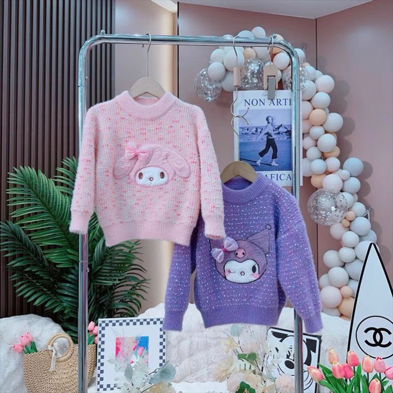 Áo len kiểu bé gái xuất Hàn, Áo len lông thỏ cho bé 4-10 tuổi đáp hình và đính nơ nhiều màu đanh sợi không bai xù