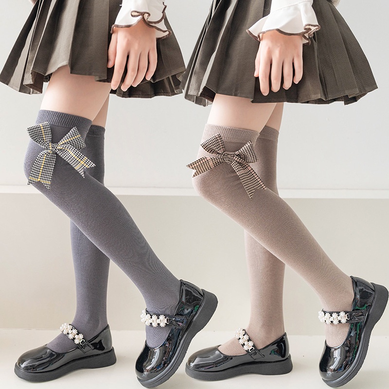 Đôi Vớ cotton Dài Qua Gối Họa Tiết Ca Rô Dễ Thương Dành Cho Bé Gái