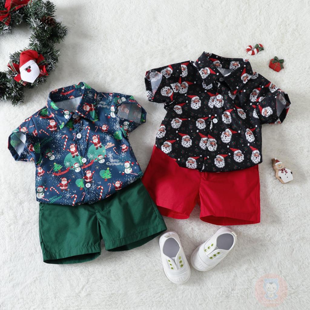 Laa6-bộ Áo Sơ Mi Ngắn Tay Cổ Bẻ In Họa Tiết Ông Già Noel + Quần short Màu Trơn Cho Bé Trai