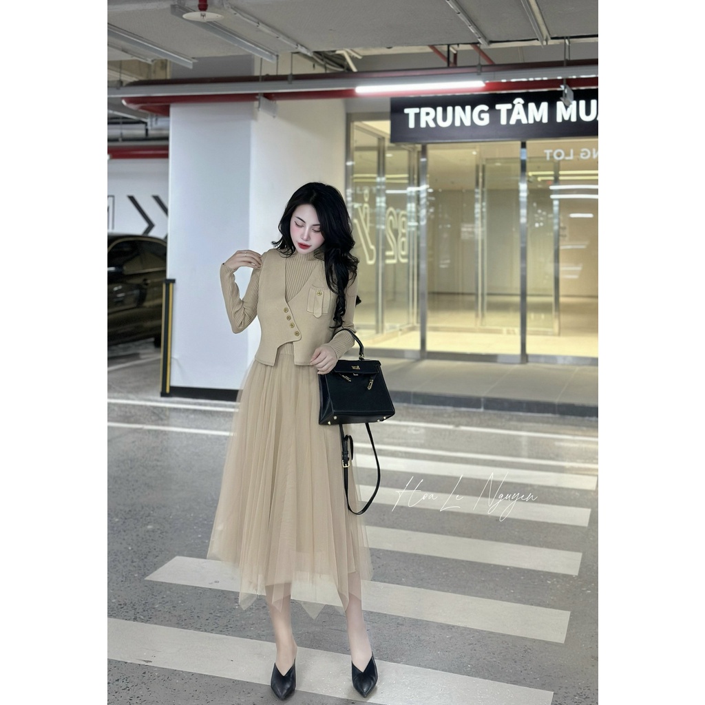 Đầm bầu SVL685 Váy bầu dáng dài xoè tà phối voan lưới Tira Mama