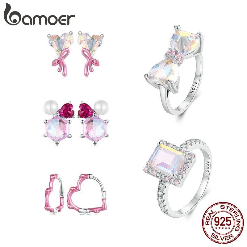 Bamoer Bông Tai Bạc sterling 925 Hình Trái Tim Màu Hồng