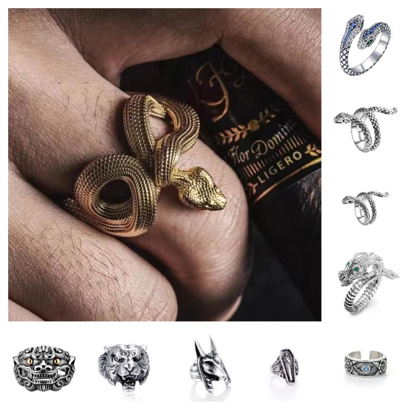 Nhẫn Hở Mạ Vàng Hình Rắn Phong Cách punk Cổ Điển Cho Nam