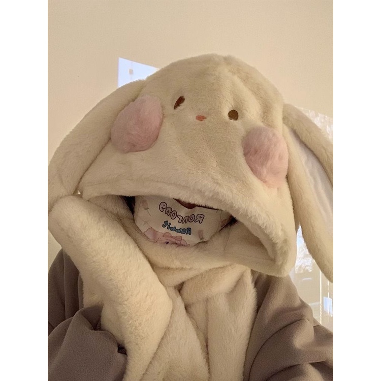 Bộ Ba Món Gồm Nón + Găng Tay + Khăn Choàng + Khăn Choàng Tai Thỏ Bằng Vải Lông Dày Dặn Ấm Áp Dễ Thương Cho Nữ
