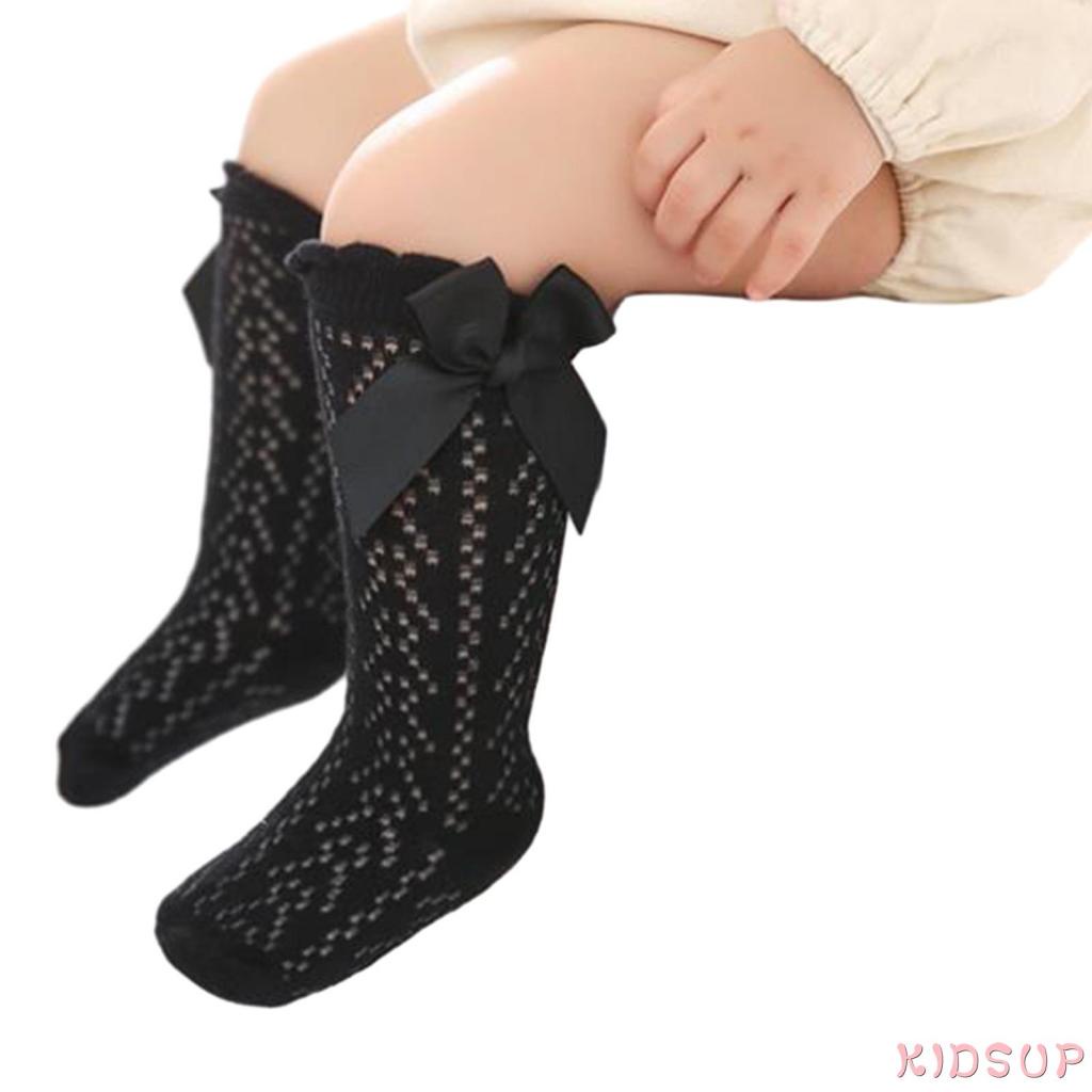 Kidsup1 Vớ Dài Qua Gối Phối Lưới Mỏng Màu Trơn Đính Nơ Kiểu Công Chúa Dễ Thương Cho Bé Gái