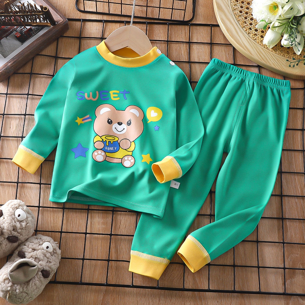Hoạt Hình Bộ Đồ Ngủ 2 Món Vải cotton Tay Dài In Hình Gấu teddy Dễ Thương Cho Bé