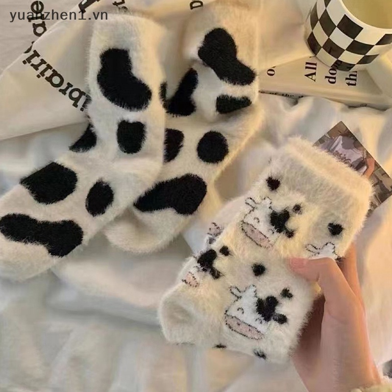 Zhen Vớ Nhung San Hô Giữ Ấm Mùa Đông In Họa Tiết Bò Sữa Vui Nhộn sox vn