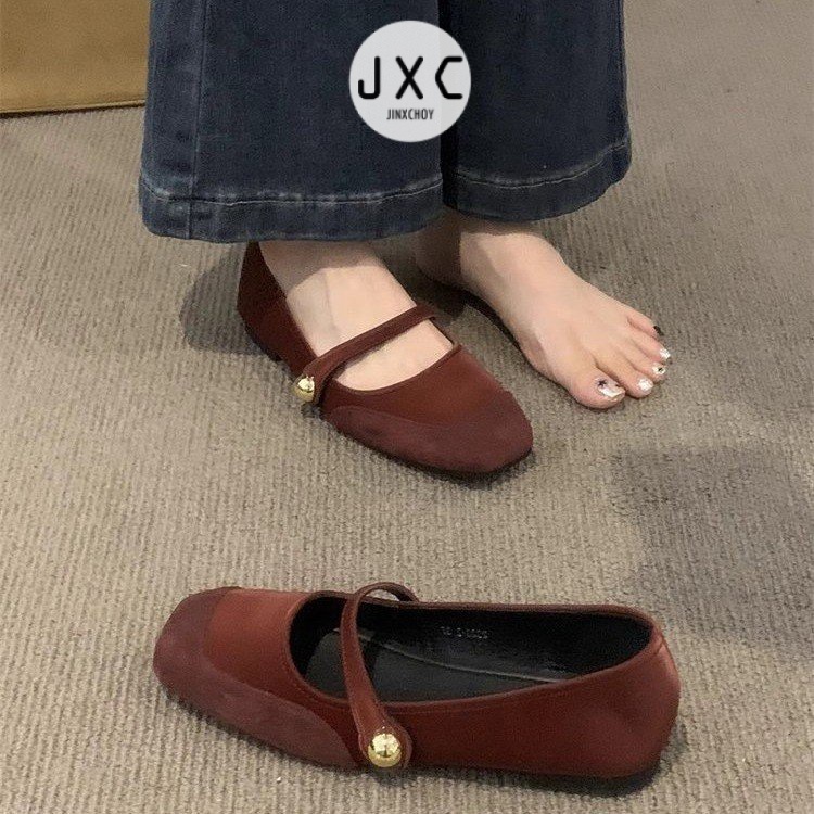 JINxCHOY     Giày Búp Bê Da Lộn Mũi Vuông Đế Thấp Thời Trang retro Cho Nữ