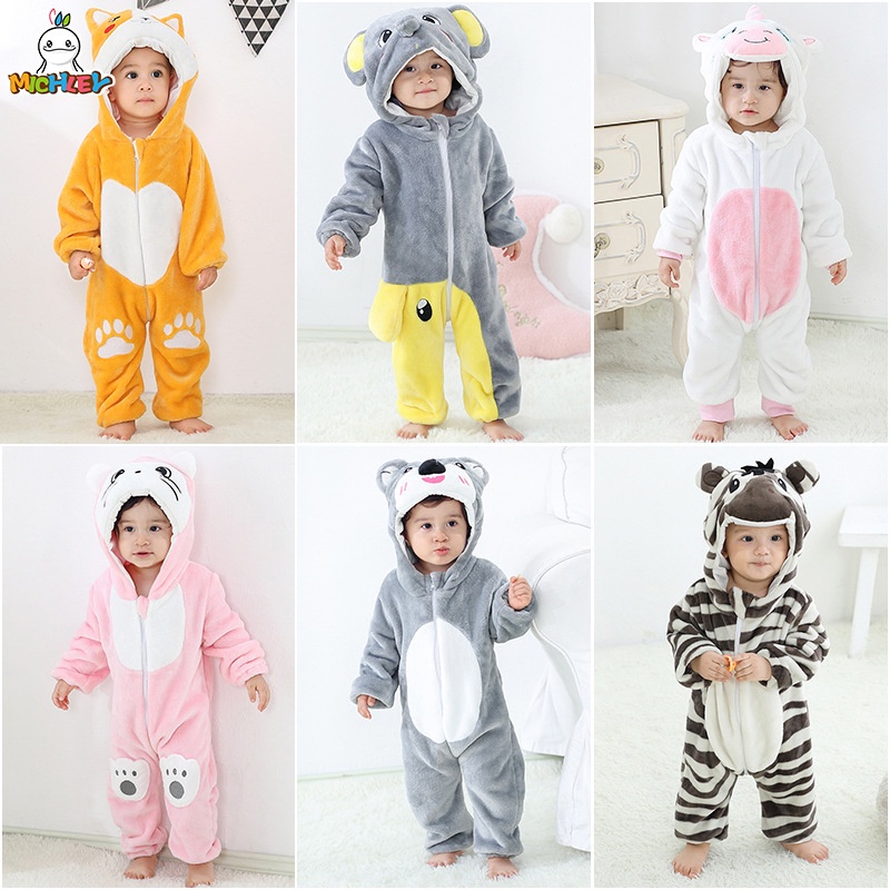 Bộ Áo Liền Quần Bằng Vải flannel In Hoạt Hình Động Vật Dễ Thương Cho Bé Sơ Sinh