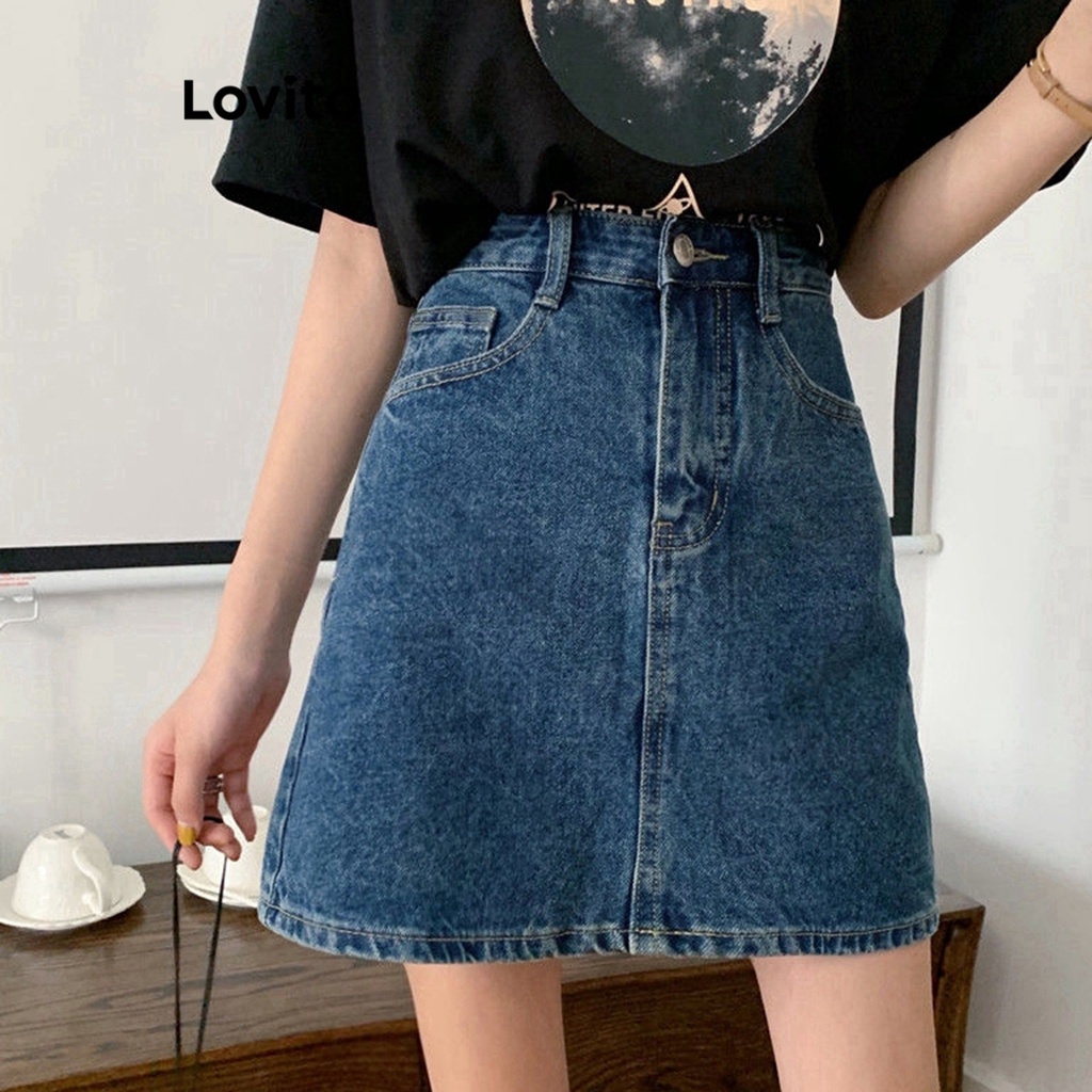Lovito Váy denim chữ A trơn đơn giản cho nữ LNE24228 (Màu xanh da trời)