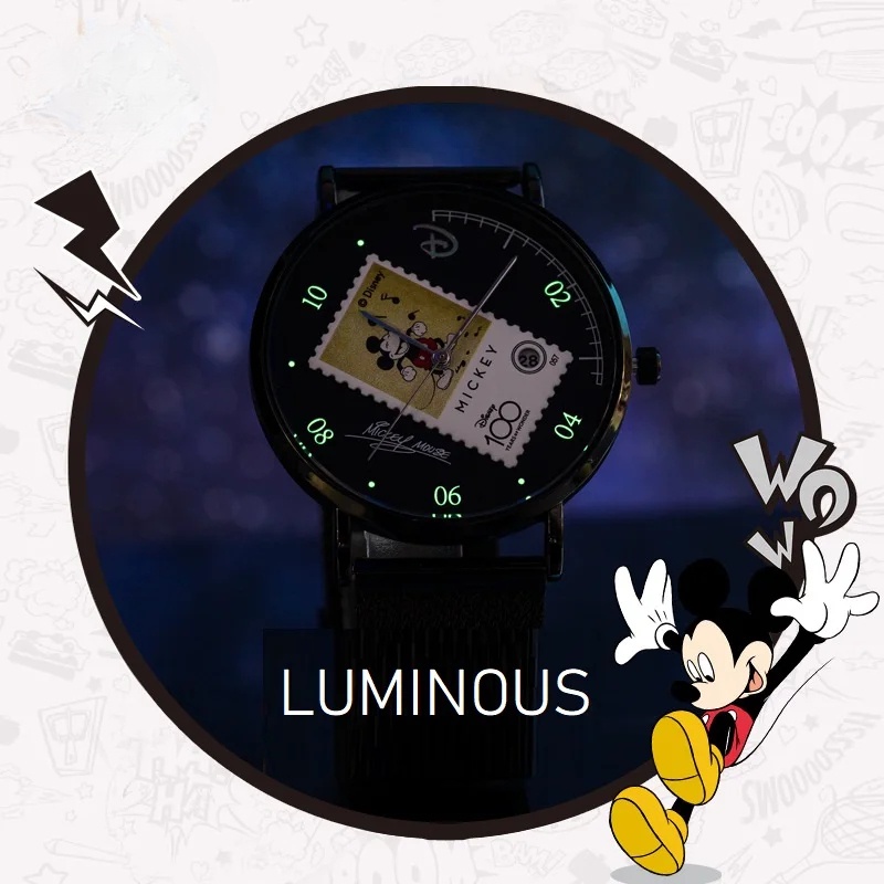 Đồng Hồ Thạch Anh Dạ Quang Kỷ Niệm 100 Năm Disney Kèm Hộp Đựng Hình Mickey Làm Quà Tặng Cho Bé