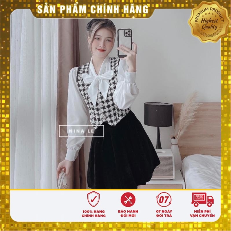 VS21 Vivi Shop Set Dạ 2 Món Áo Gile Kẻ Liền Sơ Mi Trong Siêu Dễ Thương phong Cách Hàn Quốc Có Ảnh Thật