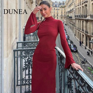 DUNEA Đầm Dài Tay Cổ Cao Hở Lưng Gợi Cảm Cho Nữ