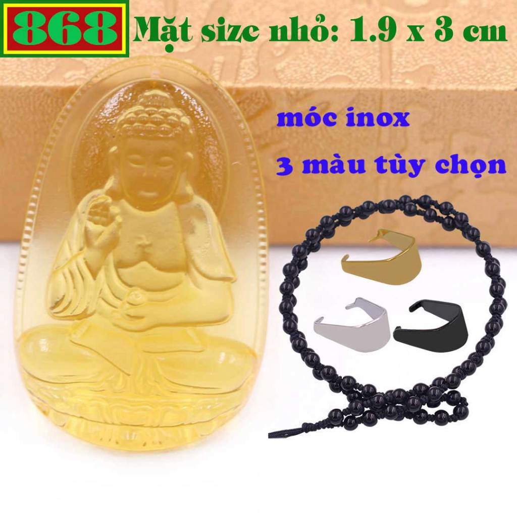 Mặt dây chuyền Phật A di đà pha lê vàng kèm vòng cổ hạt chuỗi đá đen + móc inox - Phật bản mệnh