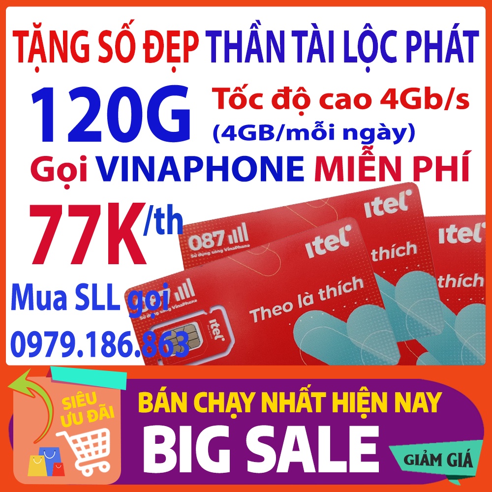 SIM itel MAY77 120G/th 4G VINAPHONE,  Gọi VINAPHONE Miễn phí, SIM WIN60P WIN89 KHÔNG GIỚI HẠN DATA