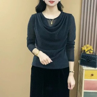 Áo Thun Tay Dài Cổ Tròn Phối Lưới Co Giãn Thời Trang Thu Đông Phong Cách Hàn Quốc Cho Phụ Nữ Trung Niên