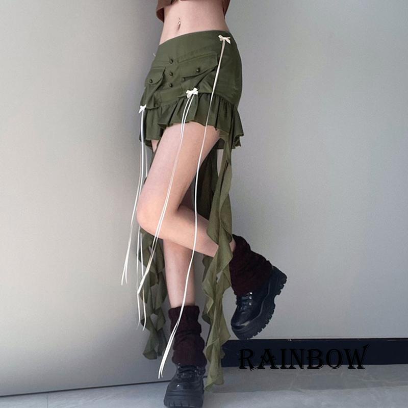 Chân Váy Ngắn Lưng Thấp Xếp Ly Thắt Nơ Ruy Băng Dành Cho Nữ