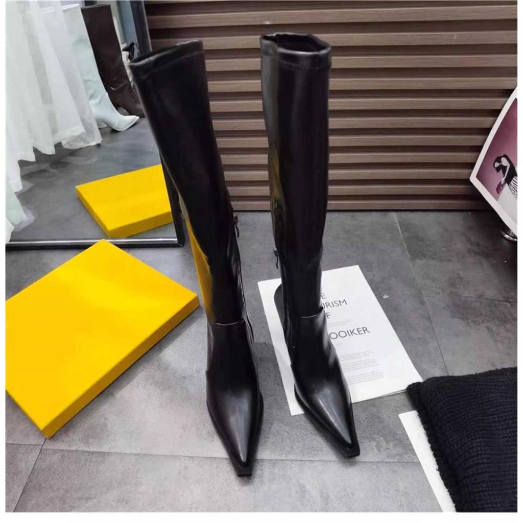 Giày Bốt Cao Gót Mũi Nhọn Mỏng Màu Nâu Phong Cách Âu Mỹ Thời Trang Thu Đông Hàng Mới 2023 Dành Cho Bạn Nữ