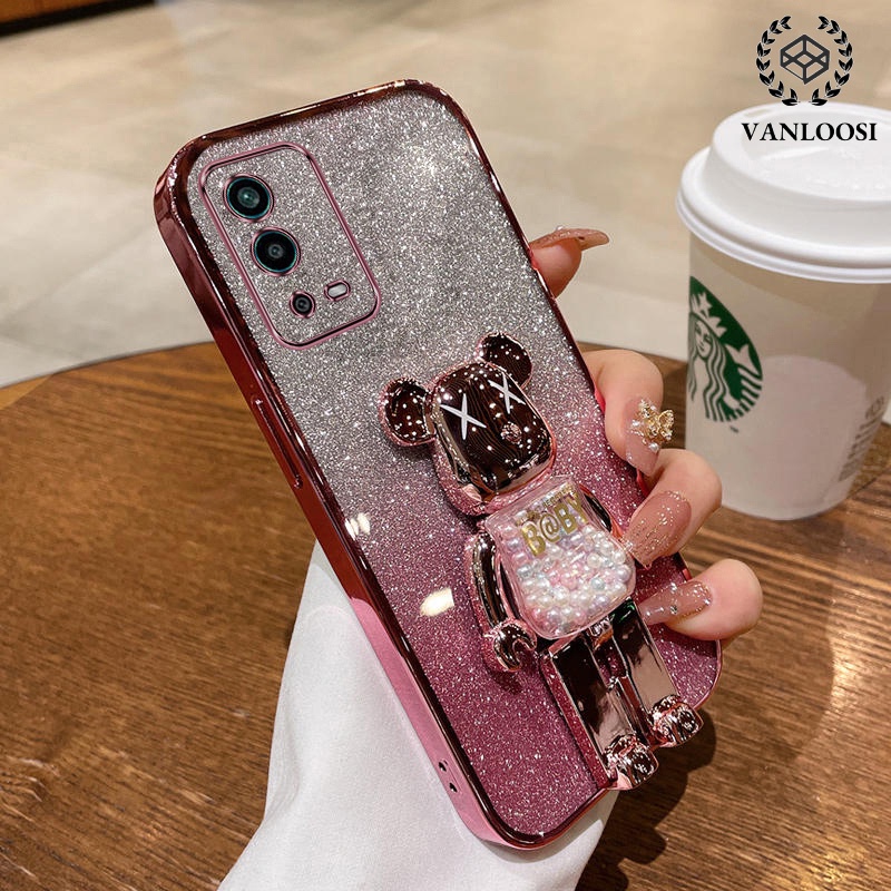 ốp lưng oppo a55 4g Ốp Điện Thoại Mềm Mạ Điện Hình Gấu Lấp Lánh Có Giá Đỡ Xoay Chống Rơi Cho oppo a55 4g