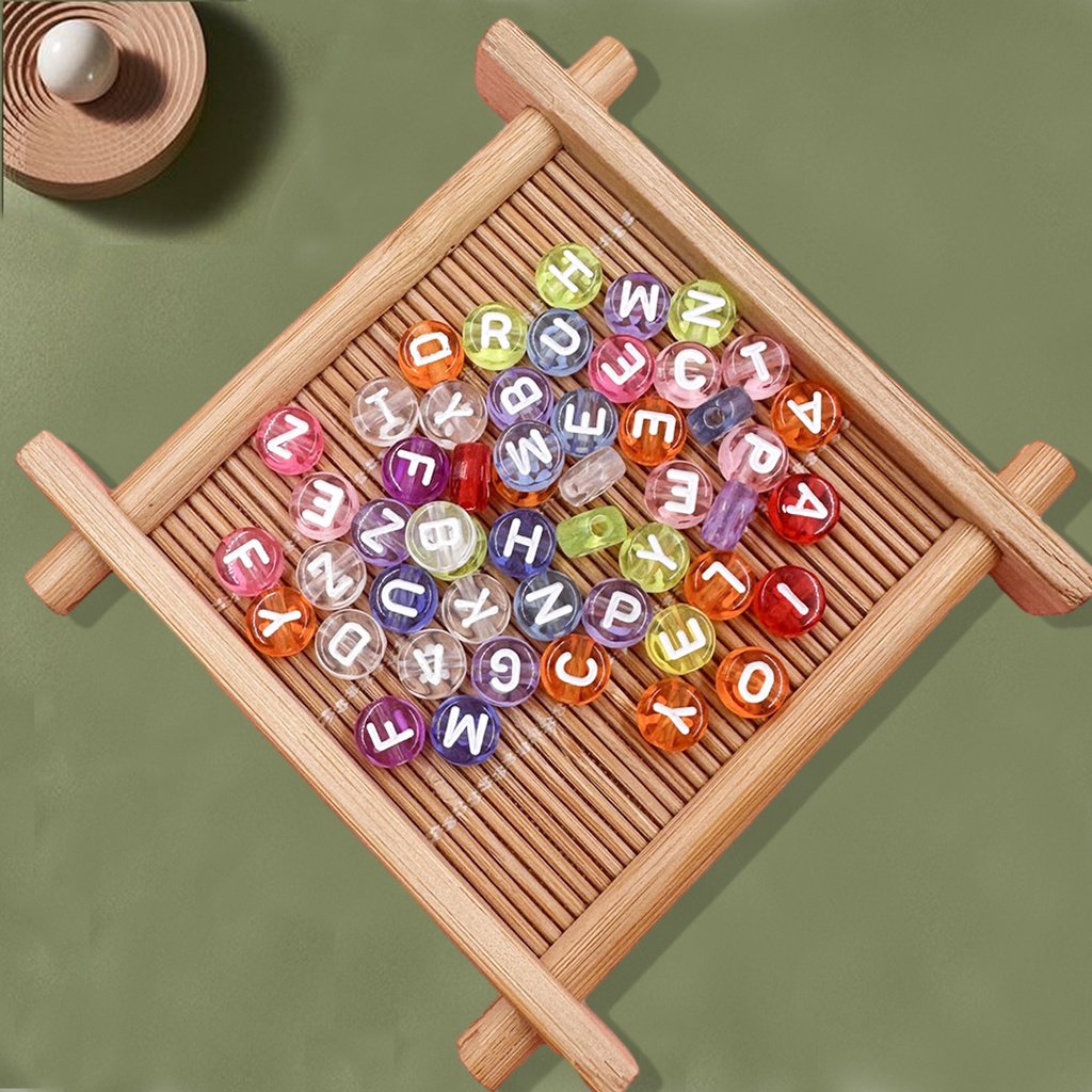 Bộ 50 Hạt Xỏ Lỗ Trong Suốt In Chữ 7mm Dùng Để Làm Trang Sức diy