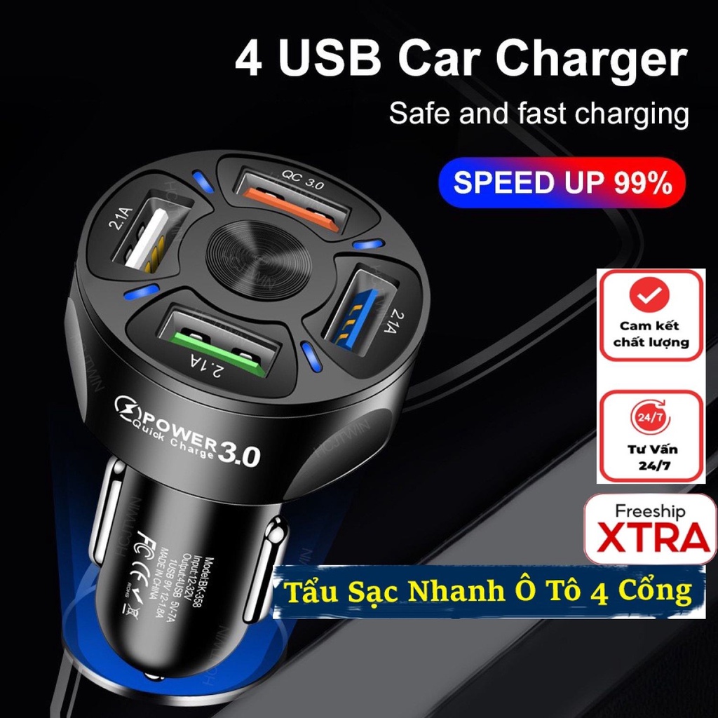 Tẩu Sạc Ô Tô, Tẩu Sạc Nhanh Ô Tô 4 Cổng USB (Thêm Cổng Quick Charge 3.0 Sạc Nhanh) - Tiện Lợi Mystore247