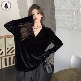 Hormoo Áo thun nhung dài tay cổ chữ v màu đen dành cho nữ dáng rộng vừa đáy áo sơ mi hàng đầu