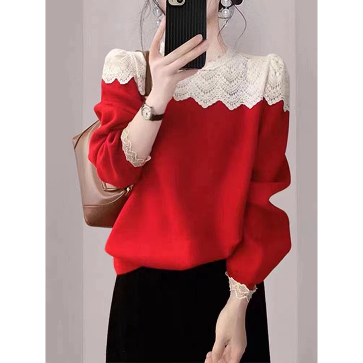 Áo sweater Dệt Kim Tay Dài Cổ Ren Ôm Dáng Thanh Lịch Cho Nữ