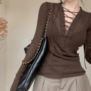 Áo Len Tay Dài Cổ Chữ V Xuyên Thấu Gợi Cảm Cho Nữ