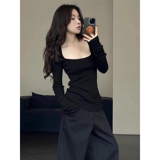 Áo thun tay dài cổ vuông dáng ôm thời trang cho nữ