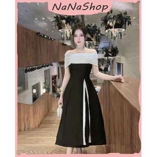Đầm Xòe Trễ Vai Dáng Dài Đen Xẻ Đùi Chất For Cứng Phối Ren Cực Chuẩn Form