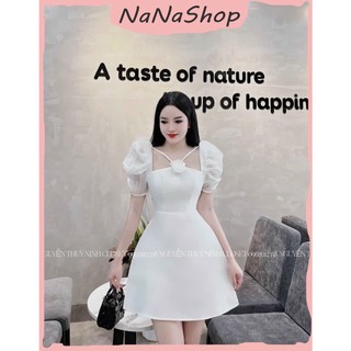 Đầm Dự Tiệc Dáng Xòe Chất Tapta Pha Voan Cổ Vuông Chéo Dây Đính Hoa Tay Phồng 2 Màu Đen, Trắng