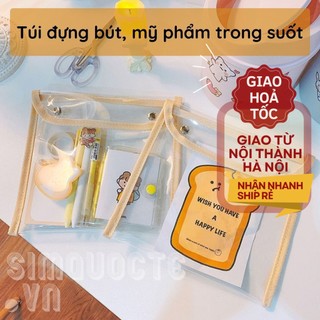 Túi đựng bút mỹ phẩm trong suốt hình vuông có hai nút bấm TN04