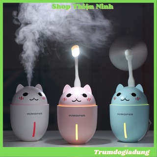 Máy phun sương tạo độ ẩm hình mèo 3 tác dụng, khuếch tán tinh dầu kèm đèn Led và quạt mini siêu Cute