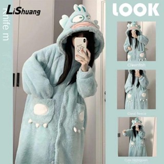  Áo choàng trùm đầu LISHUANG Váy ngủ dài mùa đông dày dặn Bộ đồ ngủ cá xấu xí lông cừu san hô sang trọng ấm áp 