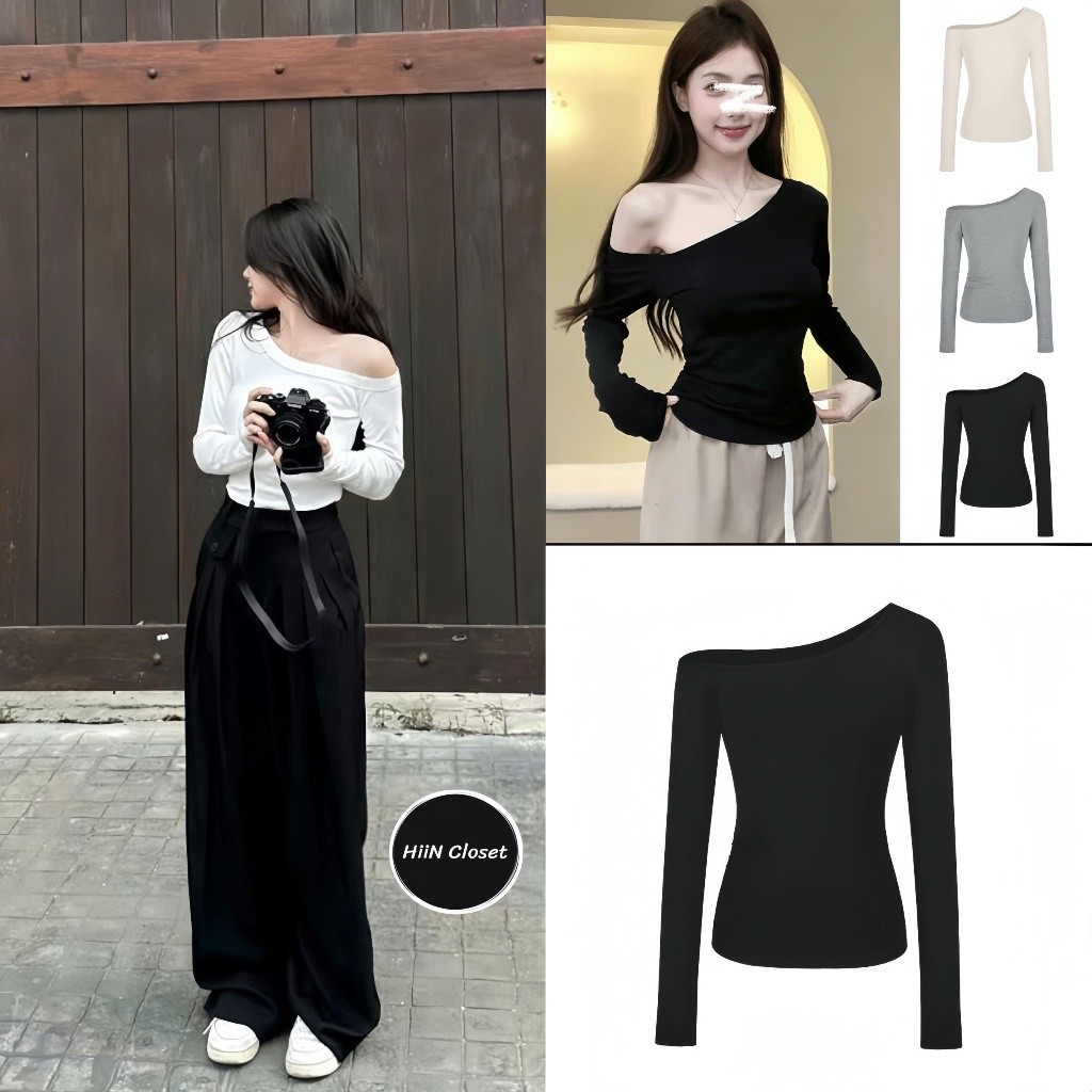 Áo thun nữ dài tay trễ vai ôm body - Áo thun lệch vai chất tăm lạnh HiiNClothing (110)