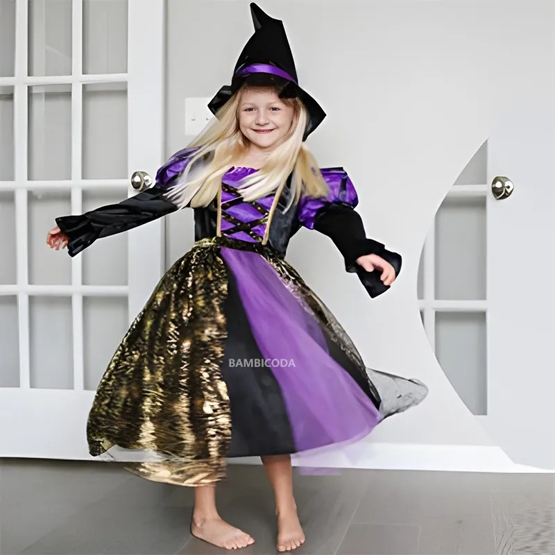 Đầm Hóa Trang halloween Nhân Vật Phù Thủy Cho Bé Gái 3-10 Tuổi