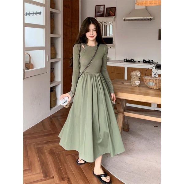 Đầm Đen Dáng Chữ a Tay Dài Phong Cách Pháp Thời Trang Xuân Thu Cho Nữ